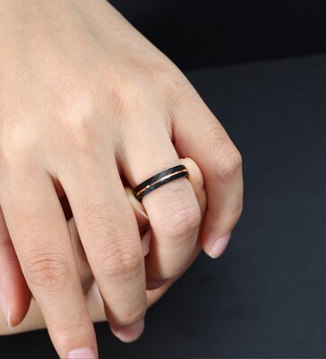 Men's wedding band, rose gold strip, black hammered tungsten carbide ring, gift for him, men's wedding ring, black ring, comfort fit ring - image10